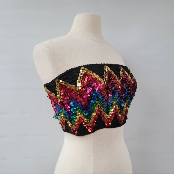 Topshop Womens Medium Black Boho Disco Retro Bright Sequin Smocked Tube Crop Top - Picture 3 of 10